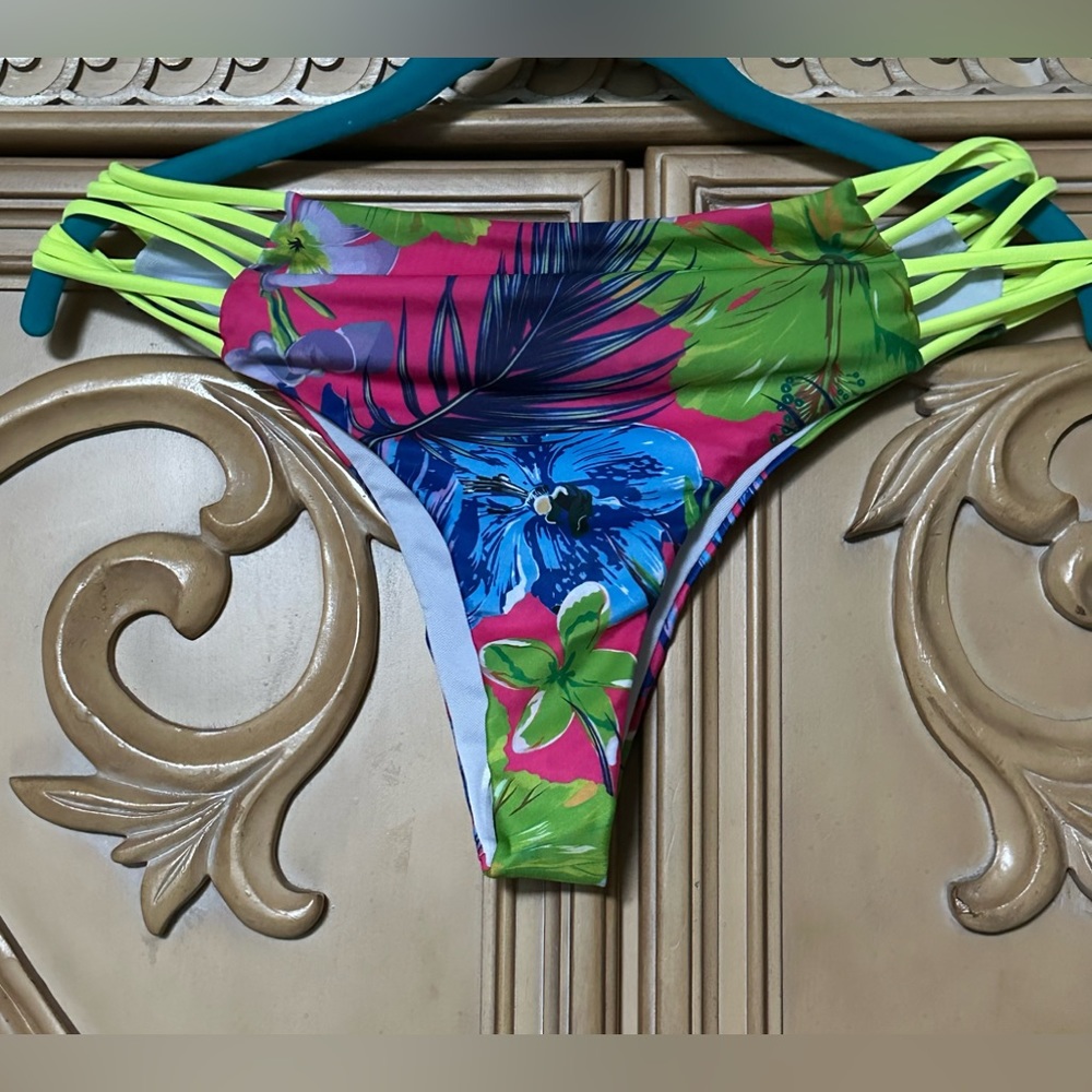 Tropical Print Bikini bottoms bright multi straps high waisted new XL